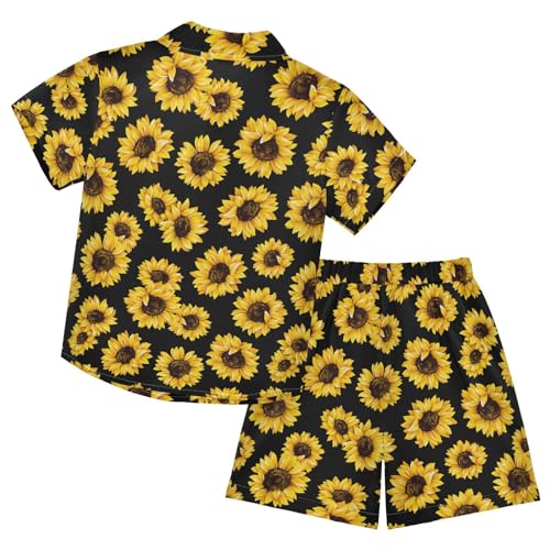 Image of Sunflower Floral Yellow Black Short Sleeve Hawaiian Button Down Shirts and Short Sets for Boys Toddler Summer Outfits