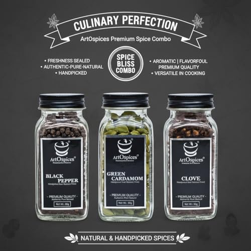 Image of ArtOspices Premium Spice Set - Black Pepper 80g, Green Cardamom (8+ MM Bold) 50g, Clove 65g | Fresh Whole Spices in Glass Jars | Aromatic & Handpicked | Ideal for Cooking, Gifting & Kitchen Storage