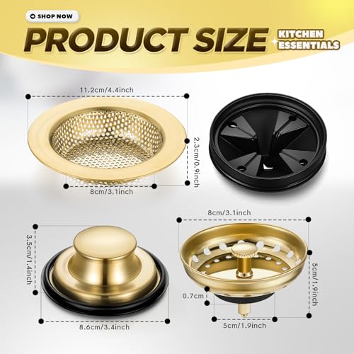 Image of 4 Pcs Light Gold Kitchen Sink Accessories Garbage Disposal Splash Guards 3.4'' Sink Drain Strainer and Stopper Stainless Steel Garbage Disposal Plug for Kitchen Drain Strainer