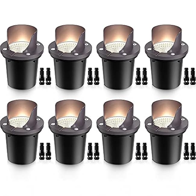SUNVIE 12W Low Voltage Landscape Lighting Waterproof Outdoor In-Ground Lights Shielded LED Well Lights 12V-24V Warm White Landscape Lighting for Pathway Garden Fence Deck, 8 Pack with Wire Connectors