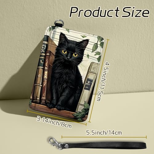 Image of Small Travel Wallets, Black Cat Books Slim Minimalist Front Pocket Wallet with Wristlet, RFID Blocking PU Leather Credit Card Holder with ID Window Change Purse for Men Women