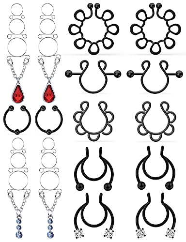 Oufksiyy Fake Nipple Piercing Fake Nipple Rings for Women Stainless Steel Fake Nipple Noose Piercing Nipple Clamps Nipple Shields Adjustable Faux Nipple Rings Clip Non-Piercing Red Blue CZ,Black