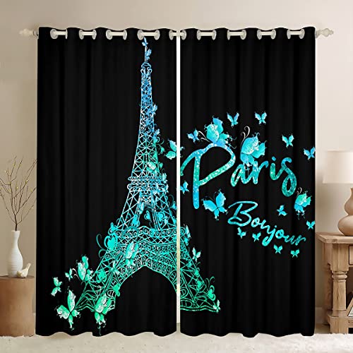 Paris Eiffel Tower Curtains Girly Teal Blue Glitter Window Curtains for Bedroom Living Room for Kids Boys Girls Butterfly Window Drapes Famous City Scene Decor Window Treatments 42W X 84L?2 Panels