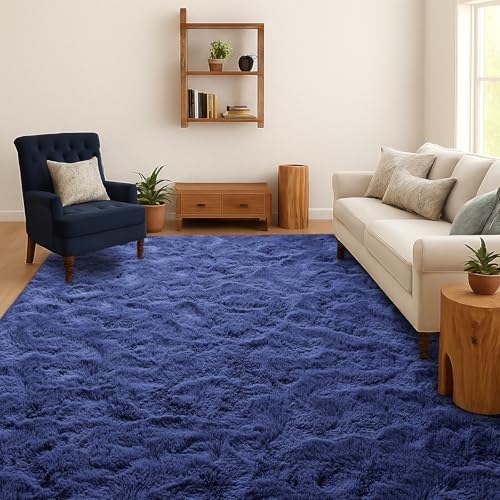 SOANNY Tapis à Poils Longs pour Salon, Lavable, Antidérapant & Doux, Uni Shaggy pour Chambre & Chambre d’Enfant, Rug de Chevet, 90x150 cm, Bleu Marine