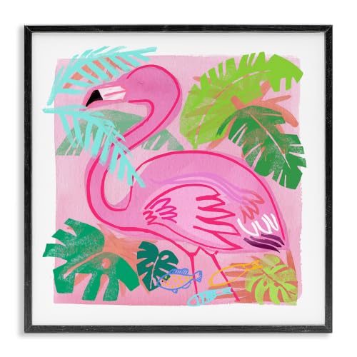 Tropical Flamingo Beach Leaves Bird, 24 x 24 Inch Framed Giclée Print