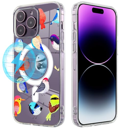 Coque de téléphone magnétique iPhone 14 transparente Roemary motif oiseaux de 6,1 pouces