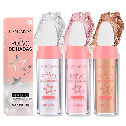 3Pcs Polvo De Hadas Body Highlighter Powder,Highlighter Stick,Fairy Face Blusher Patting Powder Highlighter,Long Lasting Highlighter Factor,The Sponge Head Design -White,Pink,Golden Brown #TOP22