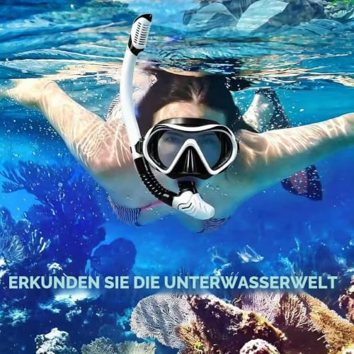 YGVQN Schnorchelset Erwachsene, Panorama Maske 180° & Dry Top Schnorchel, Anti-Fog Tauchmaske mit Gehärtetem Sicherheitsglas, Taucherbrille für Damen Herren, Schnorcheln Strandurlaub Mittelmeer