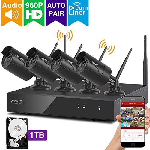 xmartO Expandable Wireless Security Camera System Outdoor 8CH 960p HD NVR with 4pcs 960p 1.3MP Wireless IP Cameras and 1TB HDD, Auto-Pair, NVR Built-in with WiFi Router, 80ft IR and Easy Remote View