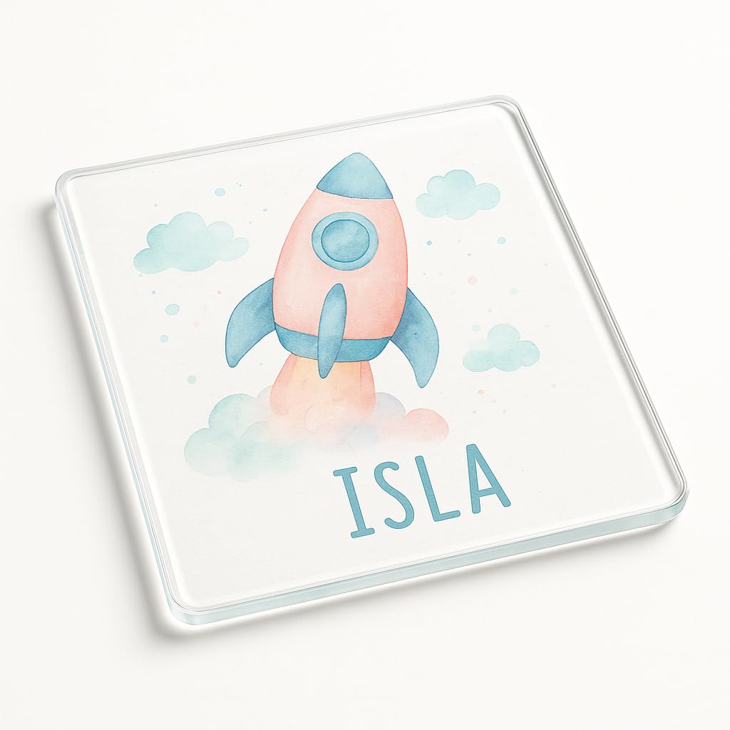 The Plum Penguin Whimsy Launch Personalised Name Acrylic Coaster Gift With Whimsical Rocket Design - Enchanting Kids Party Favour For Imaginative Play