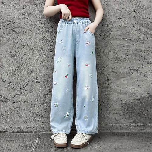 Flare Denim Jeans Fot Girls Kids Wide Leg Elastic High Waist Denim Pants Butterfly Pearl Design Jeans Summer Autumn4