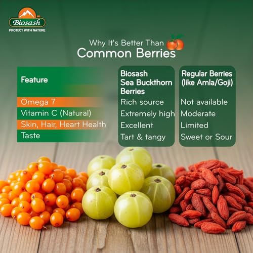 Image of Biosash Sea Buckthorn Dry Berries 100g - Sun Dried Seabuckthorn Berries With Vitamins, Antioxidants, Natural Dried Sea Buckthorn Berry, Omega 3 6 7 & 9 | Helps in immunity, Heart, Liver health
