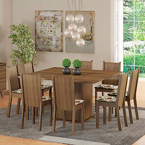 Conjunto Sala de Jantar Madesa Clarice Mesa Tampo de Madeira com 8 Cadeiras - Rustic/Floral Hibiscos