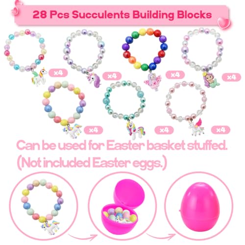 UMEELR 28 Packs Unicorn Rainbow Bracelets for Easter Basket Stuffers Hunt, Easter Eggs Filler Unicorn Bead Bracelets Toys Exchange Gift