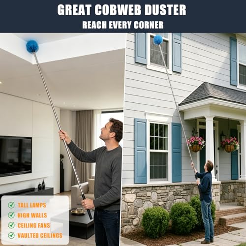 Image of Spider Web Duster Brush Kit - Lightweight 6.5FT Pole with Washable Microfiber Head - Extends to 13.5FT for High Ceilings, Ceiling Fans, Cobwebs - Also for Furniture, Eaves, Garage, Patio