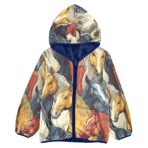 Colorful Cool Horses Pattern Toddler Fleece Jacket Girl Boys Hooded Fleece Jacket Coat Warm Outwear Zip-up 3-10T