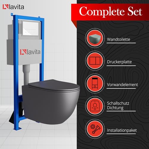 Lavita LAV 101 Vorwandelement für WC 40cm + Wand Hänge Tiefspül WC SINTO Grau Spülrandlos + Bedienplatte LAV 200.3.1 Weiß | Komplettset | Unterputz Spülkasten | Toilette Komplett Sett – Bild 4
