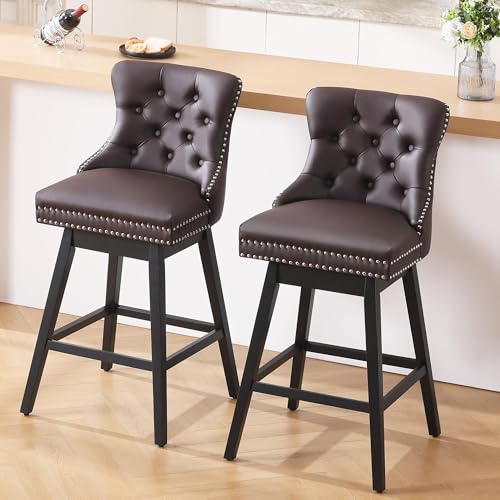 Image of Swivel Bar Stool with Back, Faux Leather Counter Height Bar Stools, Upholstered Tufted Counter Height Chairs, Solid Wood Legs, (Brown, 30 inch H Seat, Set of 2)