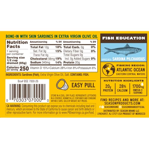 Image of Season Sardines in Extra Virgin Olive Oil, 4.37 Oz Tins, 12-Pack | Wild Caught, 22g of Protein, Keto Snacks, More Omega 3's Than Tuna, Kosher, High in Calcium, Canned Sardines