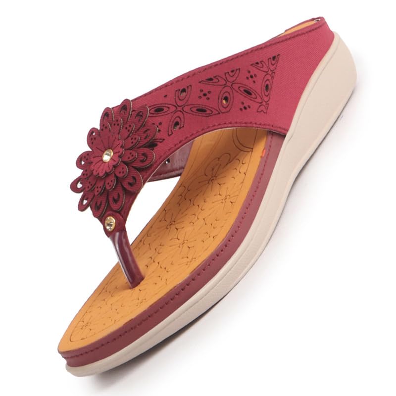 fausto Women Floral Design Orthopedic Cushioned Wedge Thong Slippers| Slip-On Open Toe Comfort Sandals for Casual, Daily Office Work Wear-picture-18