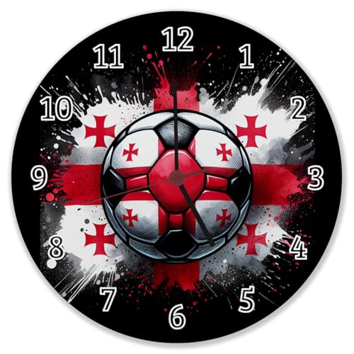 speecheese Fußball Georgien Flagge Wanduhr Ideale Fan-Deko für EM 2024 Sport Ball Landesfarben rot-weiß Kreuz-Motiv