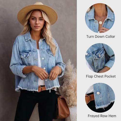 LONGBIDA Women's Jean Jacket Frayed Washed Button Up Cropped Denim Jacket With Pockets4