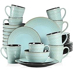 vancasso serie Pluvo Vajillas de 32 pcs para 8 Personas Vajilla de Cerámica con Tazas Tazones y Platos de Postre, Platos Llanos, Diseño de Línea de Lluvia en Relieve Vajilla Vintage- Cian
