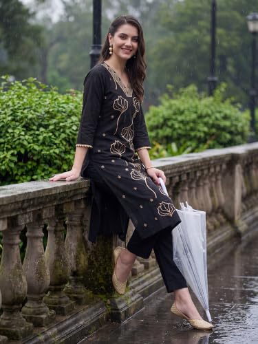 Image of INDO ERA Women's Silk Blend Geometric Embroidered Thread Work Kurta & Pant Set | Co Ord Set For Women Stylish