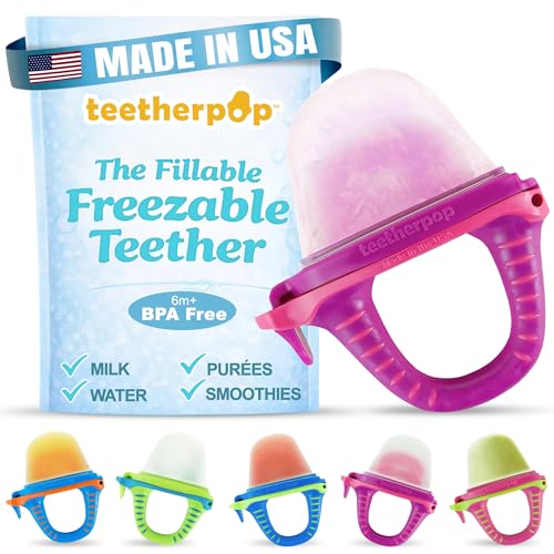 Image of Teetherpop Fillable Freezable Teethers for Babies - Breastmilk Teether with Spill-Proof Sippy Slits – Teething Popsicle for Baby, Liquids & Purées, Cooling Teething Relief Feeder Pacifier - Fuchsia