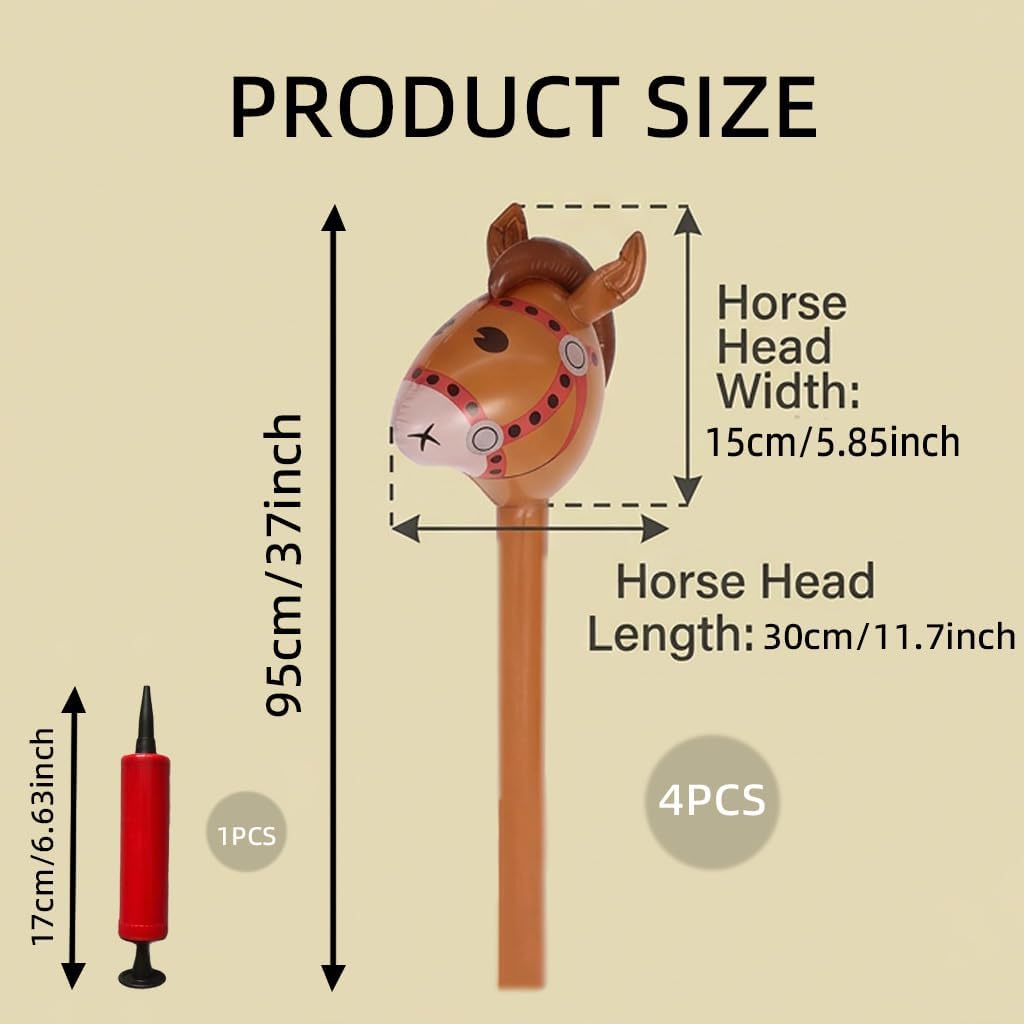 4 Pack Inflatable Stick Horse, 37 '' Brown Blow Up Horse Head On Stick With Pump For Western Cowboy Horse Theme, Birthday Party Decorations,Hobby Horse Pony Stick Balloons image 2