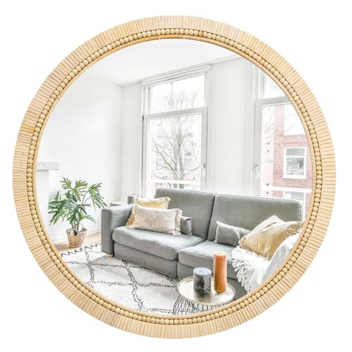 Image of ULIKE 32" Round Rattan Wall Mirror, Boho Style for Bedroom, Bathroom, Living Room & Entryway