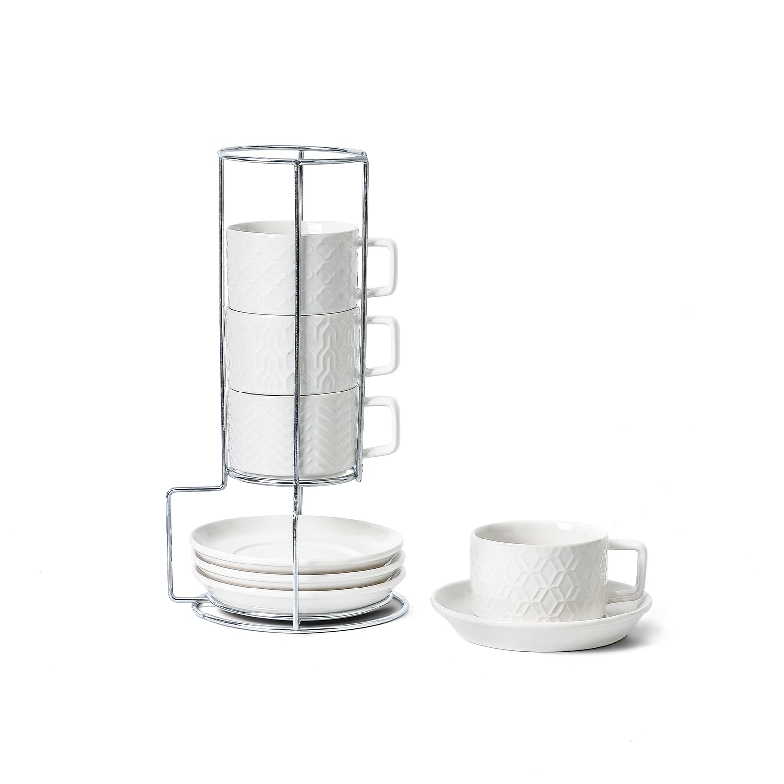 Sureasy Tazas de café expreso de cerámica con platillos y soporte de metal, tazas Demitasse de 4 onzas, tazas de espresso pequeñas apilables, tazas de café para capuchino, latte, moca, café, té, juego