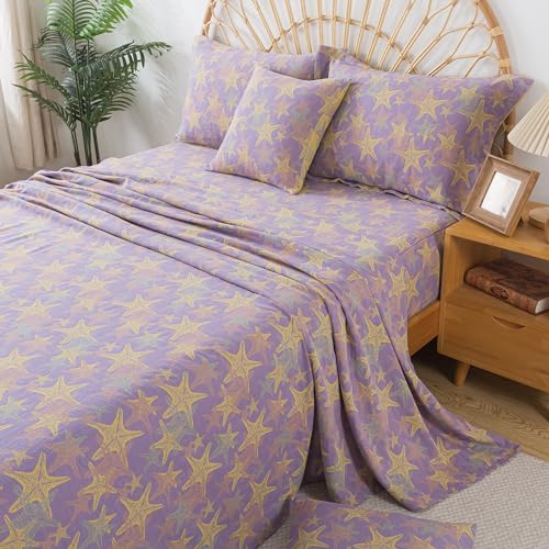FADFAY Beach Theme Sheets Set Queen Purple Yellow Starfish Ocean Bedding Coastal Nautical Bedding Super Soft Washed Double -Layer Muslin Sheets 100% Cotton Deep Pocket Fitted Sheet 4Pcs, Queen Size