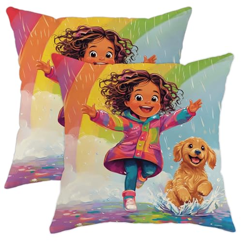 Kids Rainbow Pillow Covers Set of 2, Colorful Children Playing with Dog Decorative Cushion Cases, Fun Seasonal Accents for Home Sofa Couch Living Room 18x18 Inch