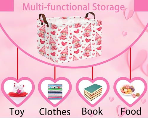 Image of Valentines Day Basket for Kids Heart Shaped Empty Storage Bins for Gifts with Handles Room Decor (Pink Girl Gnome Hug Love)