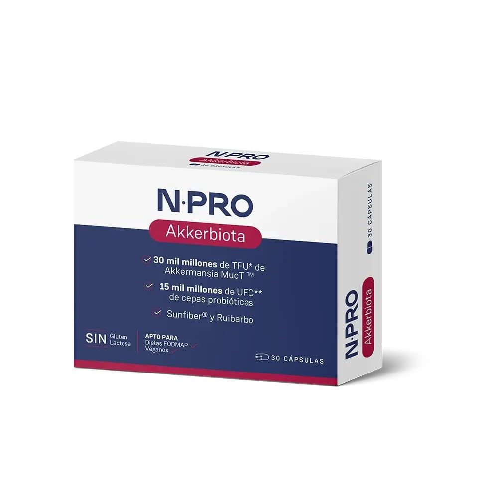 NPro SALUD INTESTINAL Akkerbiota 30 Cápsulas Akkermansia Muciniphila | Akkermansia MucT®, Cepas Probióticas, Prebióticos Sunfiber® y Ruibarbo, Apoyo a Mucosa y Barrera Intestinal