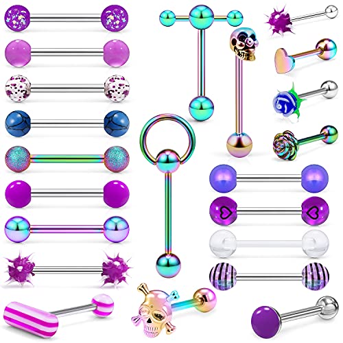 Leiainely Tongue Rings Piercing Jewelry for Women Men Work 14g 14 Gauge Cute Green Rainbow Surgical Stainless Steel Metal Clear Plastic Acrylic Rubber Tounge Barbell Balls Set