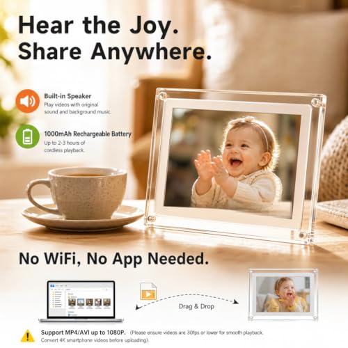 Image of 7 Inch Digital Picture Frame, 8GB Acrylic Video Picture Frame with Sound and Loop Playback, No WiFi or App Needed, Desktop Photo Display Gift for Family, Couples, Pets and Home Decor