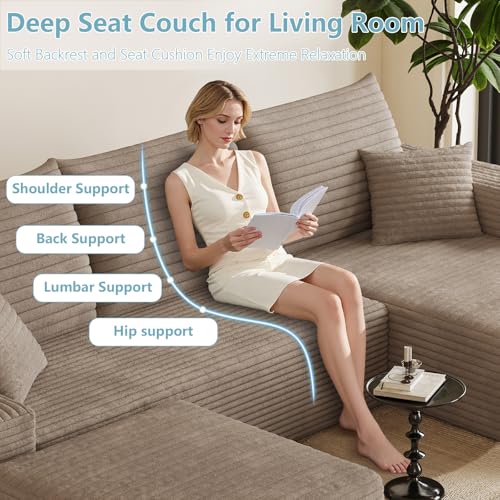 Image of 95 inch Cloud Sectional Couch with Ottoman,Modern U-Shaped Cloud Couch with Deep Seat,Comfy Corduroy Sofa,Memory Foam Sofa for Living Room,No Assembly (Camel,Right-Facing Chaise)