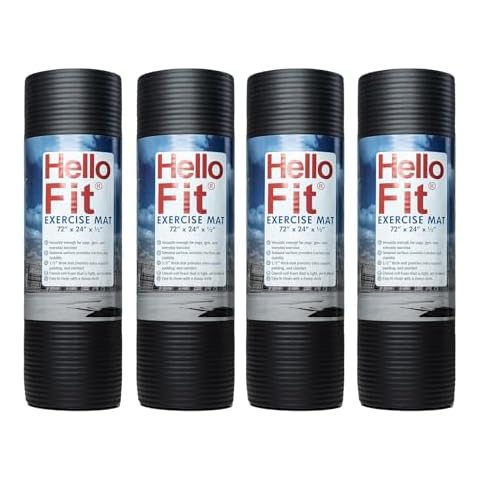 Hello Fit 1/2 Inch Thick Exercise Yoga Mats with Carrying Strap, 72 by 24 Inches, Pack of 4, Bulk Fitness Mat for Yoga, Pilates, or Workout, Non-Slip Rubber Gym Mats, Black Cover