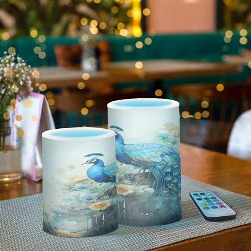 Image of ALAZA Blue Peacock Yellow Flowers Flickering Flameless Candles Battery Operated with Remote Timer,Tea Light Candles LED Pillar Votive Candles Set of 2 for Outdoor Indoor Decorations