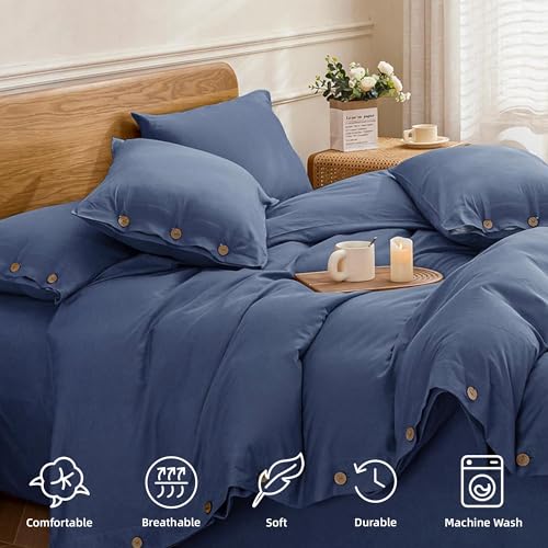 Image of JELLYMONI Cotton Duvet Cover King Size - Blue Comforter Cover with Button 100% Washed Cotton 3PCS Breathable Soft Solid Bedding Set Duvet Cover 104x90in & 2 Pillowcases (NO Comforter)