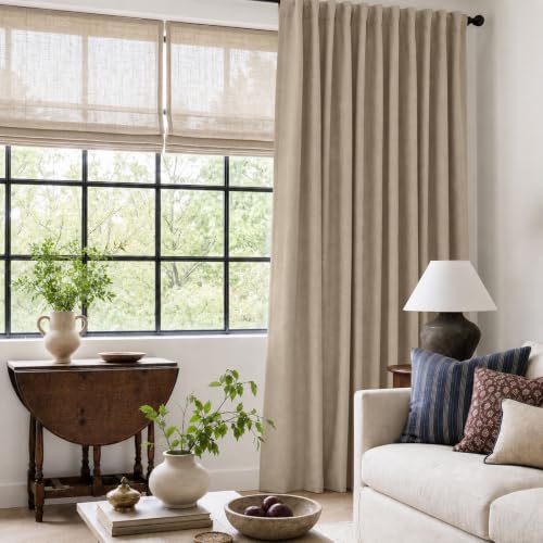 Image of Linen Textured Blackout Sliding Door Curtains 90 Inch Long Burlywood Birch | 100% Blackout Shield Back Tab /Rod Pocket Sliding Door Curtains, Thermal Insulated Curtains 1 Panel Set, 100 inchW x 90 inchL