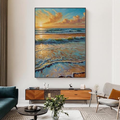 Toile vagues plage coucher de soleil pour illuminer un salon sombre sans cadre