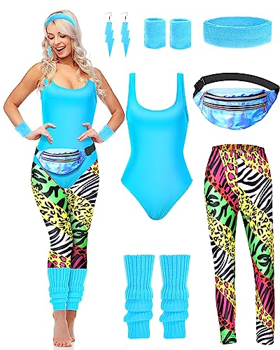 Hercicy 7 Pcs 80s Workout Costume 80s Accessories Set 90s Leotard Legging Headband Wristbands Leg Warmers Earrings Fanny Pack(Large)