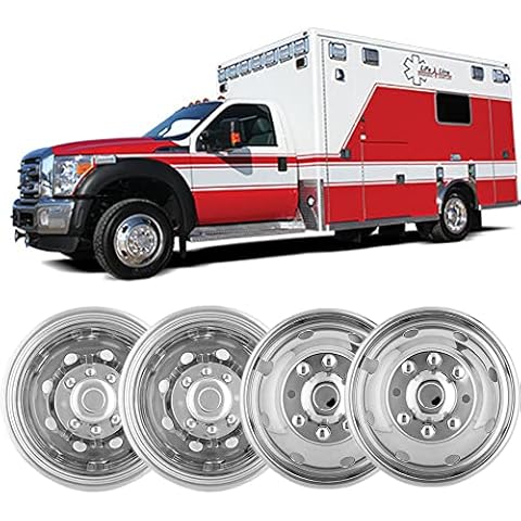 Puermto 4pc 16" Wheel Simulators Compatible with Ford F350 1974-1998;E350/E450 1992-2021;Dodge Ram 3500 1974-1999, Protective Bolt On 8 Lug Hubcaps 8 Hand Hole Polished Stainless Steel Dually 608F Cover
