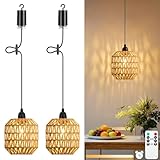 Lightsjoy 2 Stück Hängelampe mit Batterie Außen Innen, Pendelleuchte Akku Dimmbar, Akku Hängelampe Ohne Strom, Hängeleuchte Boho Rattan, Hängelampe Batteriebetrieben mit Fernbedienung IP65 für Garten