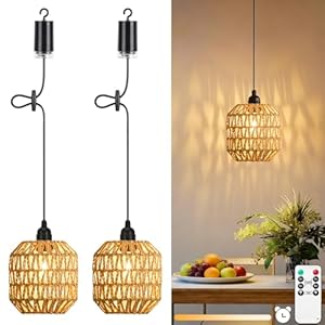 Lightsjoy 2 Stück Hängelampe mit Batterie Außen Innen, Pendelleuchte Akku Dimmbar, Akku Hängelampe Ohne Strom, Hängeleuchte Boho Rattan, Hängelampe Batteriebetrieben mit Fernbedienung IP65 für Garten