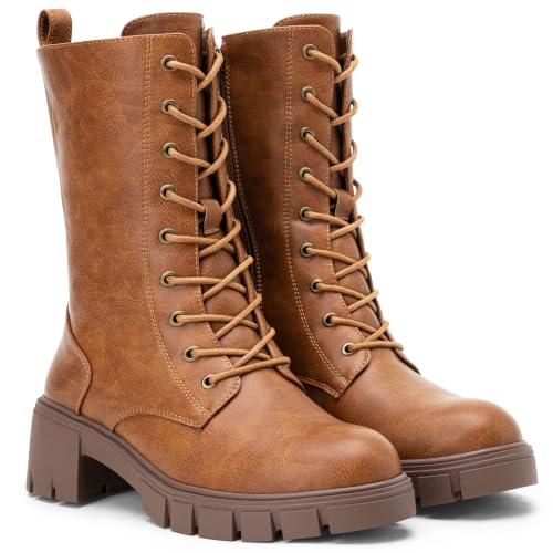 Image of Vepose Women's Mid Calf Combat Lace Up Chunky Platform Boots