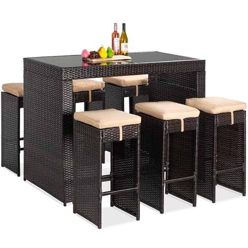 Best Choice Products 7-Piece Outdoor Wicker Bar Dining Set, Rattan Patio Furniture for Backyard, Garden w/Glass Table Top, 6 Stools, Removable Cushions - Brown/Beige